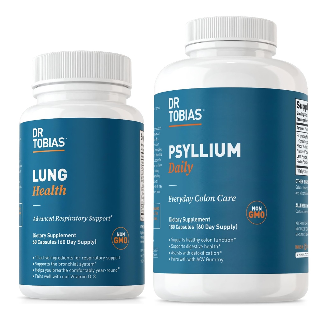 Dr. Tobias Lung Health & Psyllium Daily Suplemen, Lung Cleanse & Detox Formula, Menyediakan Gerakan Boul Sehat dengan Psyllium Husk, Vitamin C, Butterbur, Quercetin, Daily Fiber and Lung Supplemen