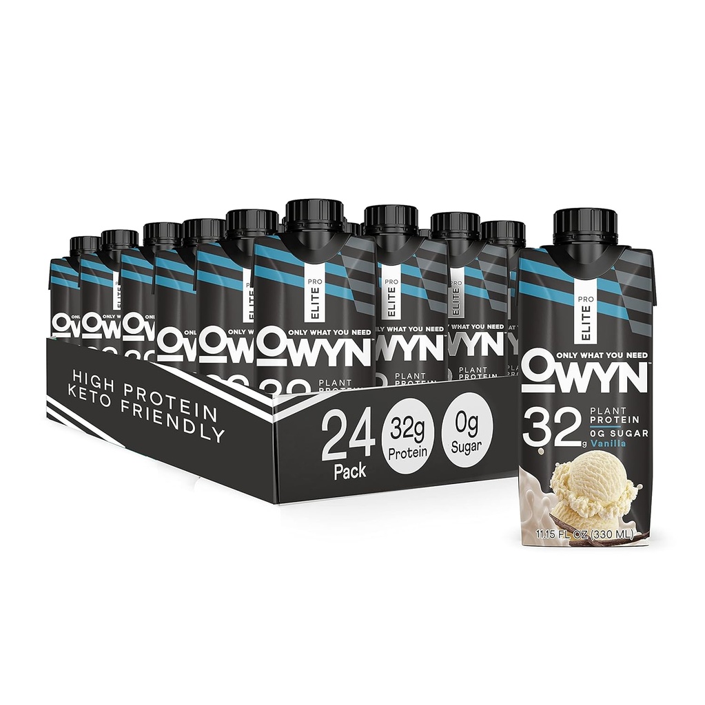 OWYN Pro Elite Vegan-Berbasis Tinggi Protein Shake, Vanilla, 24- Pack, 32g Plant Protein, Pregories, Superfood Greens for Workout and Recovery, 0g Net Carbs, Zero Sugar, Keto (24 Pack)