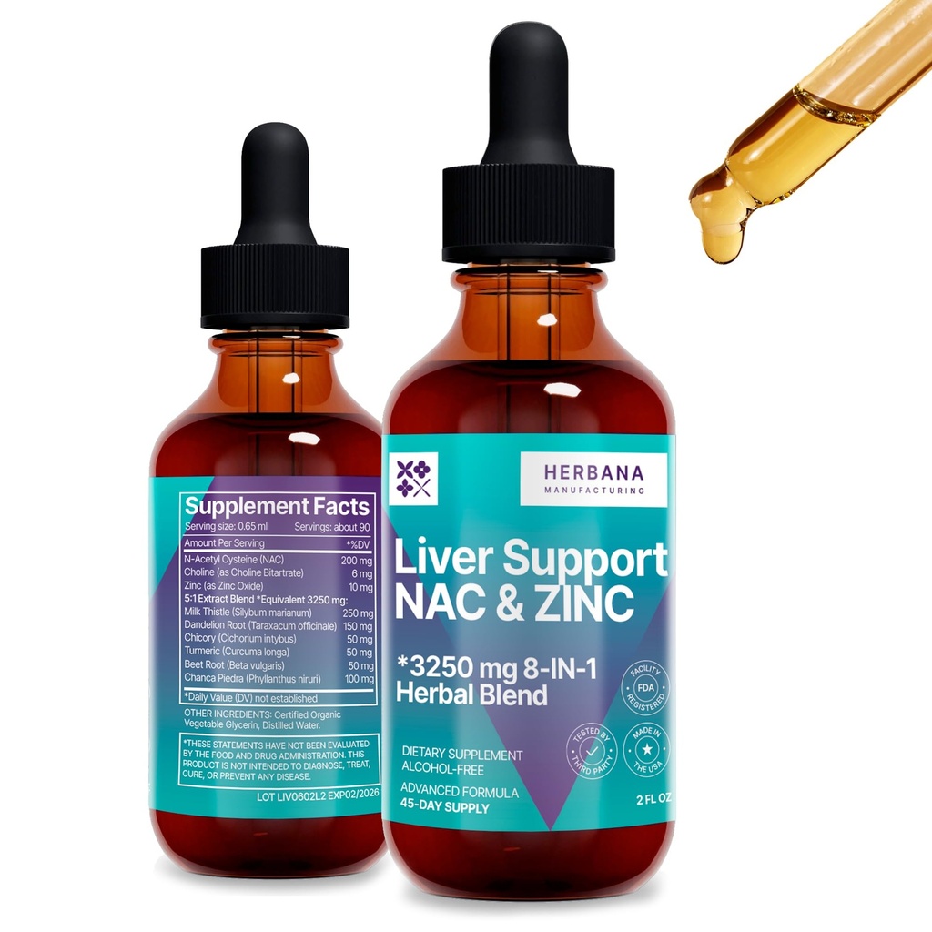 Dukungan Hati & NAC, Zinc - 2 fl oz Liquid Drops dengan Milk Thistle, Dandelion Root, Chicory, Turmeric, Root Beet, Chanca Piedra - Liver Cleanse & Detox Suplemen