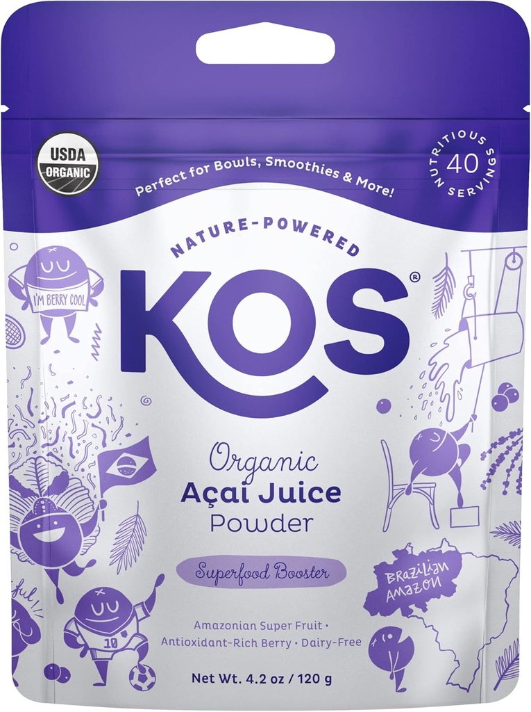 KOS USDA Organic Acai Powder, Unsweetened Superfood - Natural Antioksidant, Acai Berry untuk Smoothies dan Bowls - Polyphenol Alundant, Gluten- Free, Non-GMO, Climate Friendly resealiable Bag, 40
