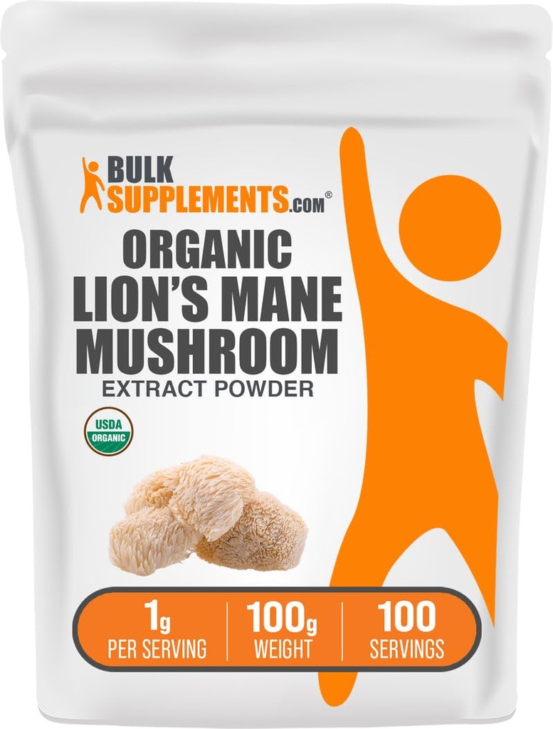BulkSuppliments.com Organic Lion 's Mane Mushroom Extrader - Lions Mane Suplement Powder, Superfood for Well- Being - Vegan, 1g per Serving, 100g (3.5 oz) (Pack of 1)