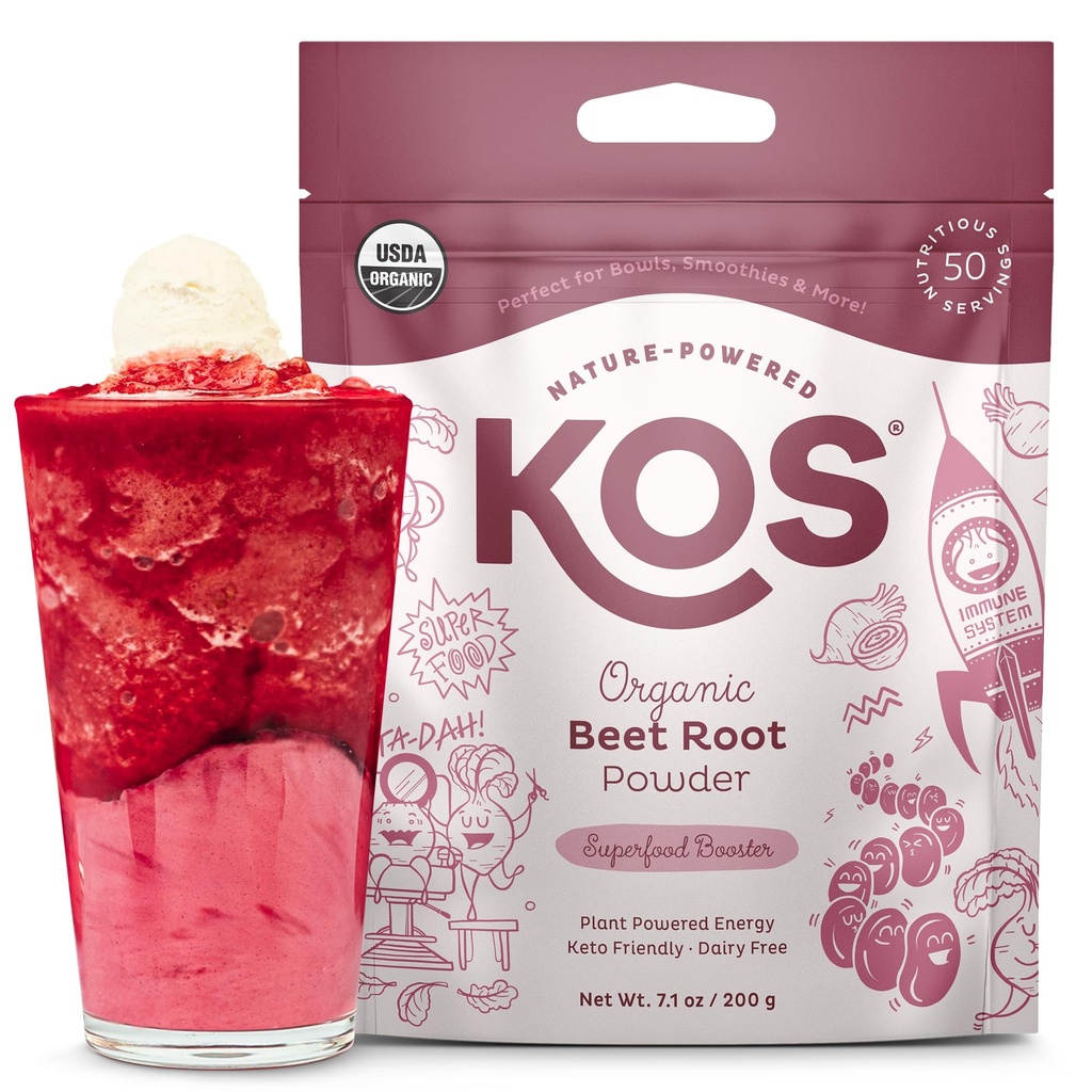 KOS Organic Beet Root Powder, USDA Certified - Superfood Plant Based Beetroot Ingredies for Stamina Increasing, Circulation - Non-GMO, Soy & Gluten- Free, 50 Servings Bag