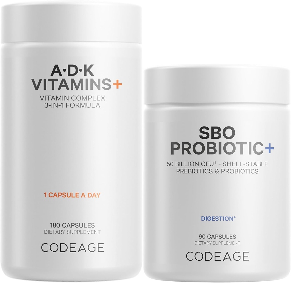 Codeage Daily ADK Vitamin & Probiotic Bundle - Vitamin A Retinyl Palmitate, Vitamin D3 Cholecalferol, Vitamin K, 50 Milyar CFU SBO Probiotic Blend, Non-GMO