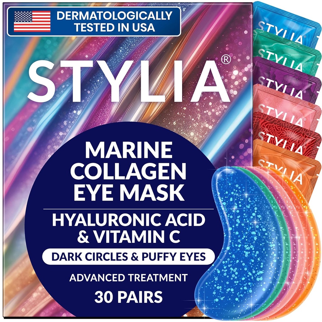 Stylia Collagen & Vitamin C Under Eye Patches for Puffy Eyes & Dark Circles - Depuffing, Hydrating Under Eye Mask with Hyaluronic Acid - Vegan, Cruelty- Free Skincare (30 Pairs)