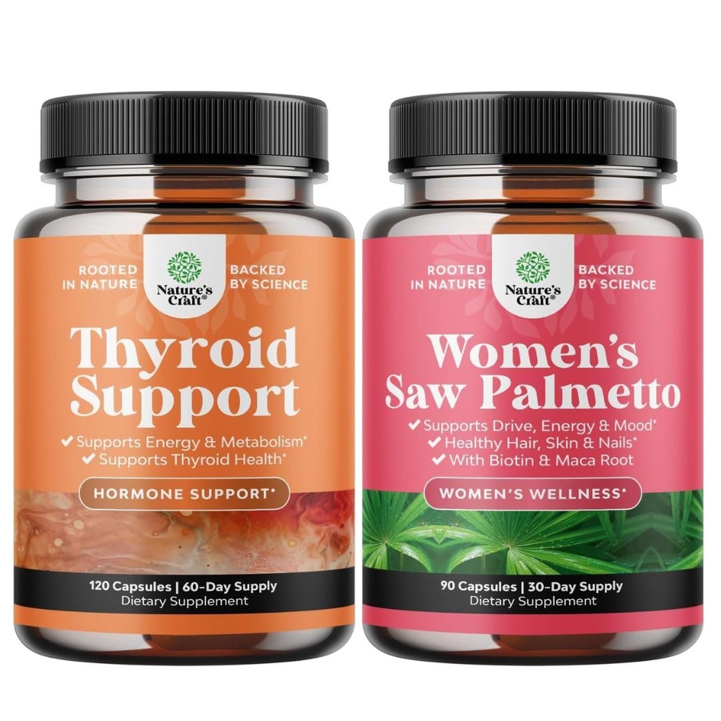 Bundle of Herbal Adrenal and Thyroid Support Complex - Mood Enhancer Energy Suplemen Kesehatan dan Kekuatan Ekstra Saw Palmetto for Women for Stronger Thicker Healthier Looking Hair