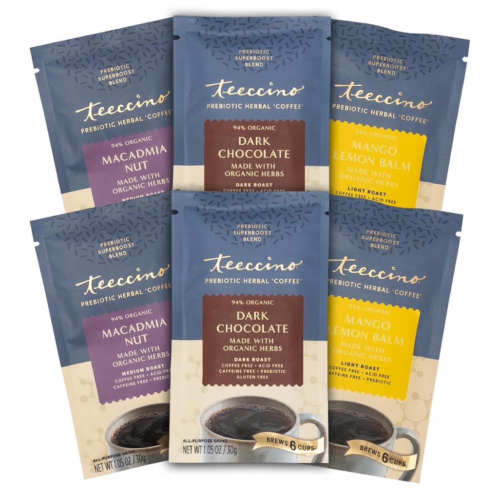 Teeccino Prebiotic SuperBoost ™ Herbal Coffee Sampler - 6 Trial-Size Packets - gelap Chocolate, Mango Lemon Balm, Macadamia Nut - Prebiotic, Caffeine- Free, Ground Coffee Alternative untuk Good Gut Health