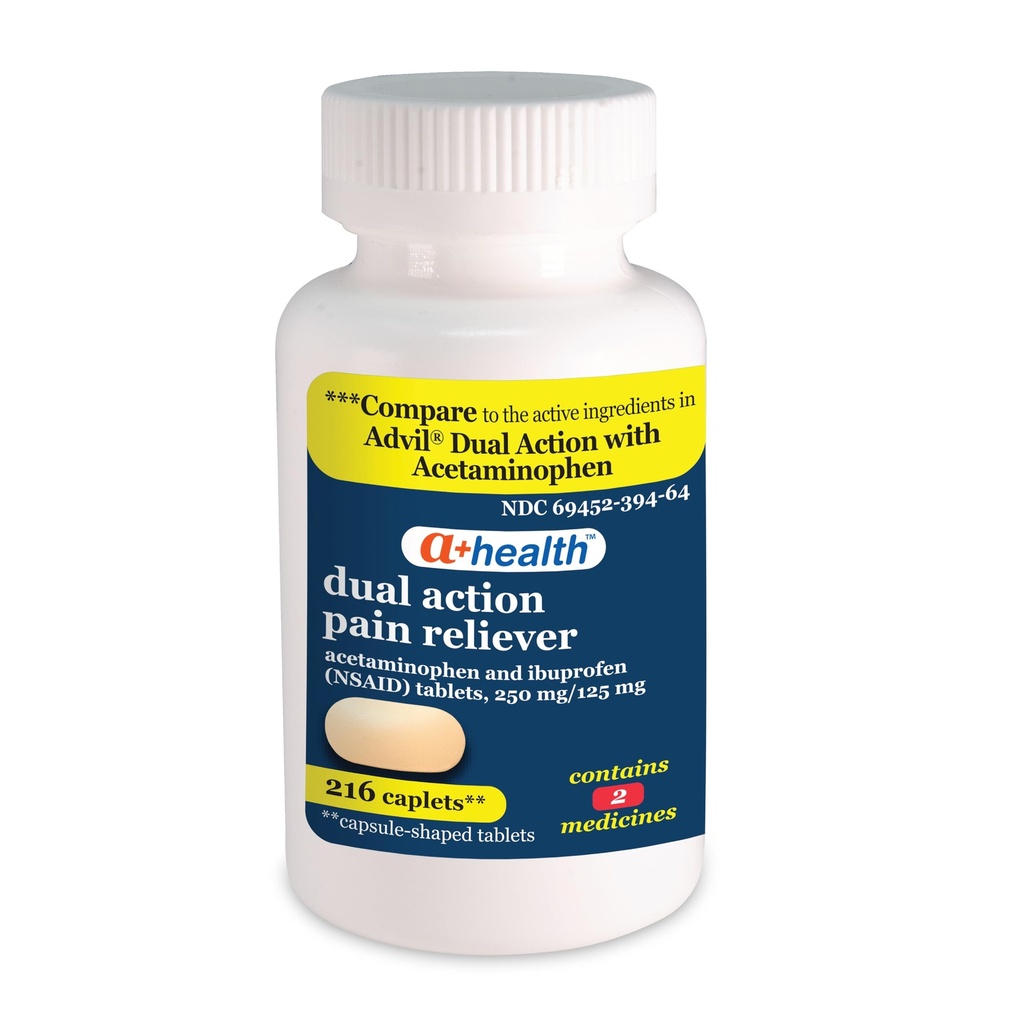 A + Health Dual Action Acetaminophen 250 mg dan Ibuprofen (NSAID) 125mg Reliever Caplets, 216 Count