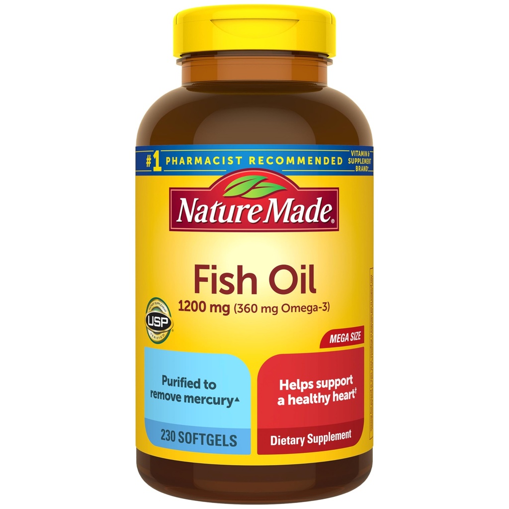 Suplemen Nature Made Oil Omega 3, 1200 mg Softgels, Omega 3 Fish Oil for Heally Heart Suftgels, 230 Softgels, 115 Day Supply