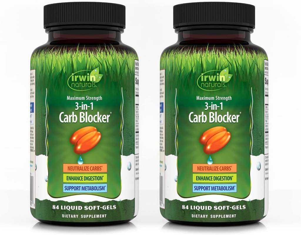 Irwin Maximum Kekuatan Irwin 3-in- 1 Carb Blocker - 84 Liquid Soft- Gels, Paket 2 - Neutralize Carbohydrates - 84 Total Servis