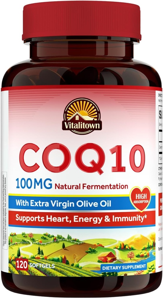 Vitalitown CoQ10 100mg, dengan Ekstra Virgin Olive Oil, Maksimum Absorpsi, Koenzim Q10 Suplemen, Tanpa Gluten, tanpa GMO, untuk Antioksidant & Heart Health Dukungan, 120 Softgels