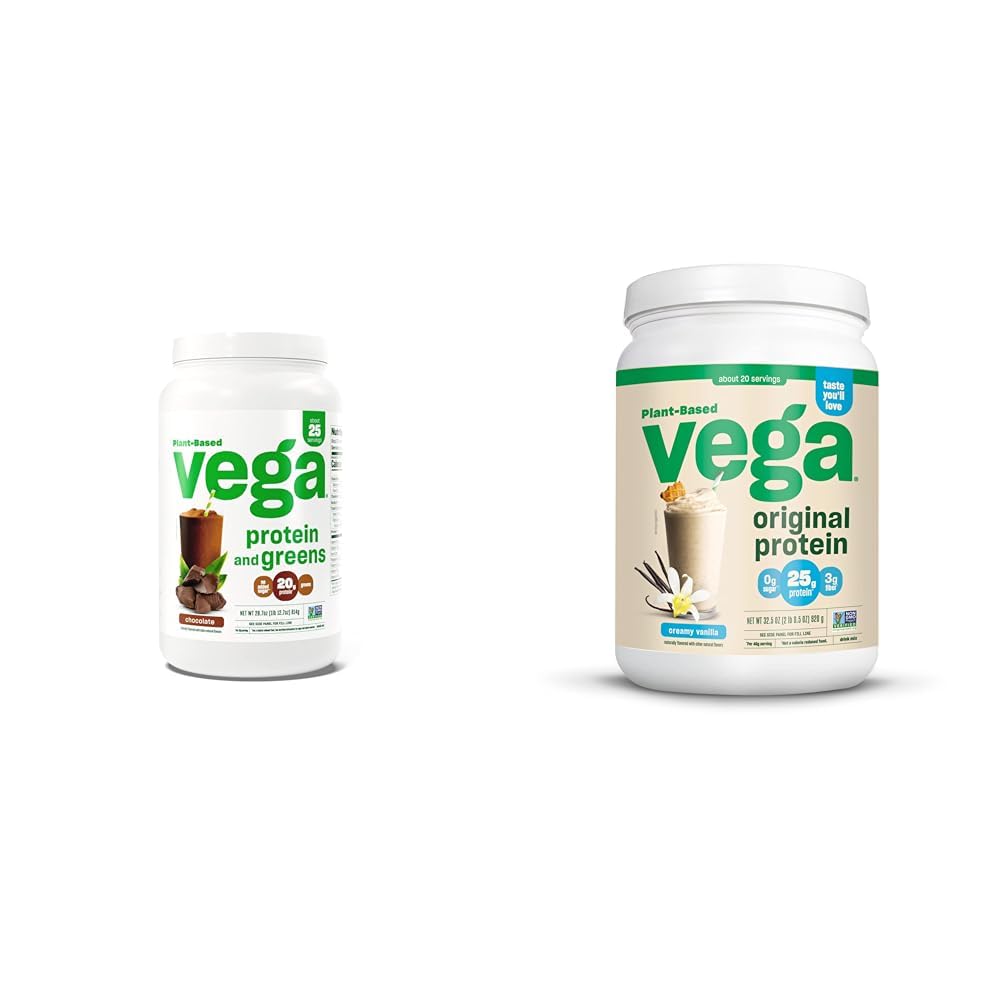Vega Protein dan Hijau Powder Protein, Chocolate & Asli Powder Protein, Creamy Vanilla Tanaman berbasis Protein Minum Mix untuk Air, Susu dan Smoothies, 32,5 oz