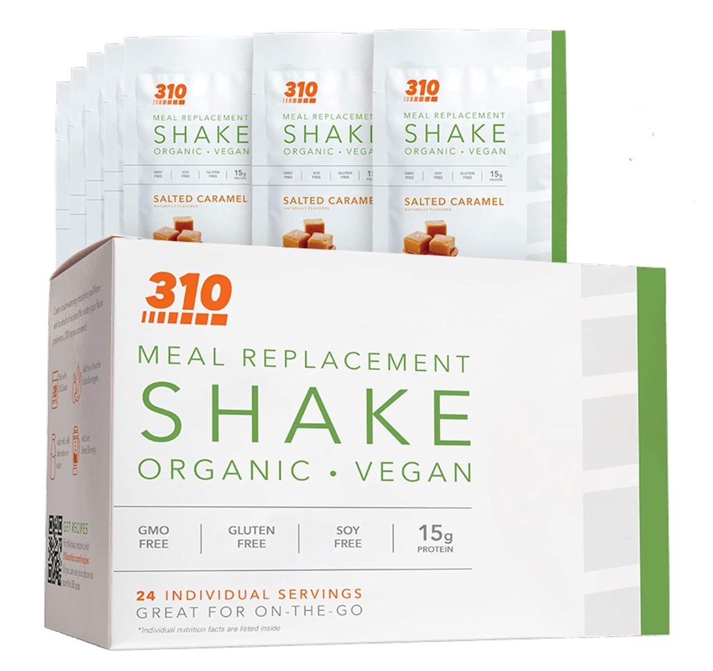 24 CT Organic Shake Box - Vegan Plant Protein Powder and Meal Replacement Shake - By 310 Nutrition - Gluten, Dairy and Soy Free - 0g of Sugar Aver4; Keto and Paleo Friendly (Salted Caramel)