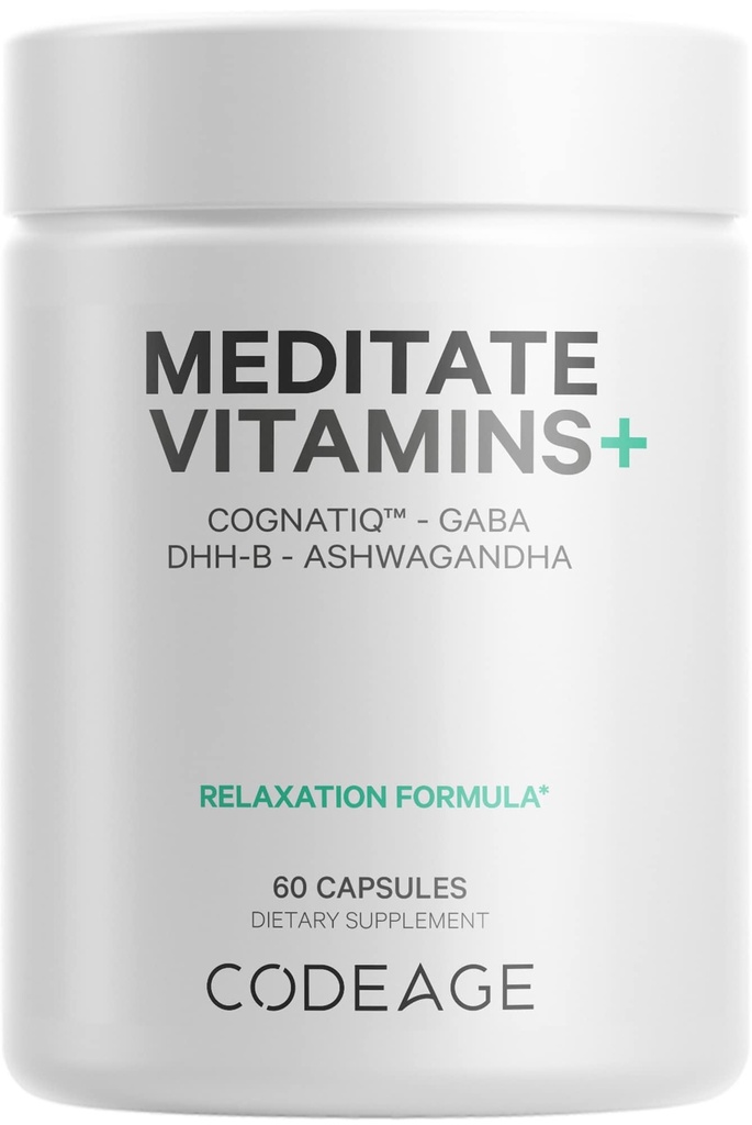 Codeage Meditate Meds + Suplement - CognatiQ, DH-B, GABA, Ashwagandha, Jamur organik, Blueberry - BDNF Pill dan Neuroprotein - Vegan, Non-GMO, Gluten- Free - 60 Capsules
