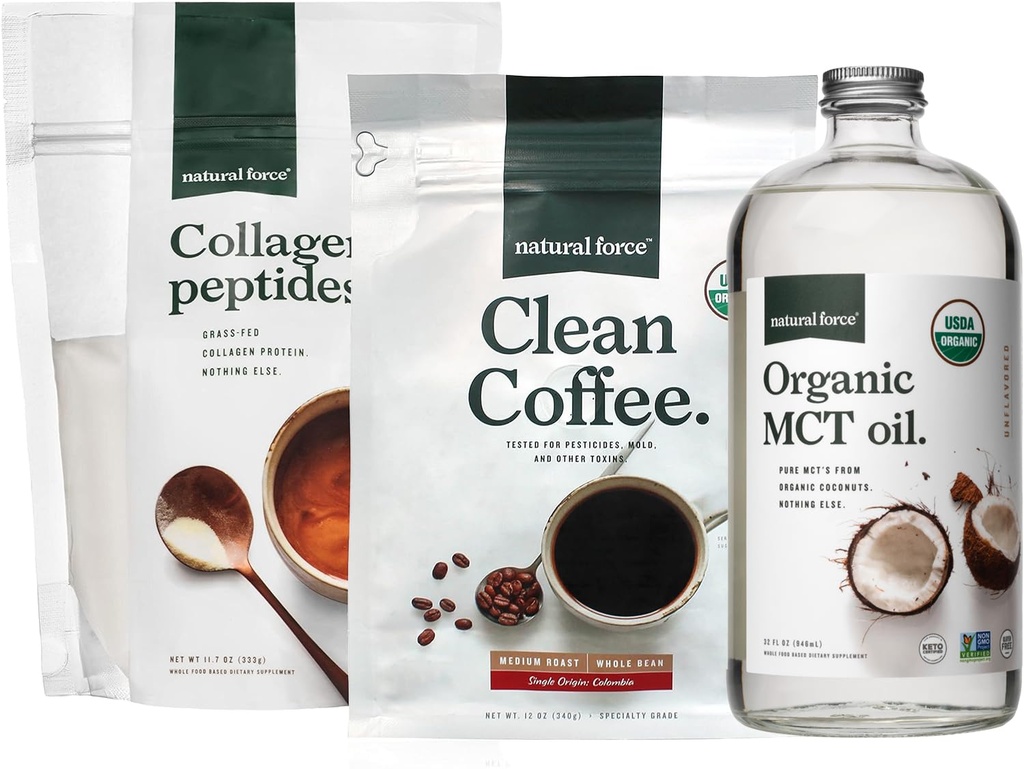 Natural Force Clean Coffee + Collagen Peptides + Organic MCT Oil Bundle - Toxin Free Coffee, Grass Fed Collagen, & MCTs - Non-GMO, Keto, & Paleo - 12 Oz, 32 Oz