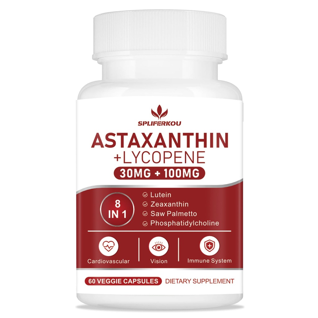 Astaxanthin dan Lycopene 70mg, Astaxanthin Suplement dengan Pfoshatidylcholine, Lutein dan Wenxanthin, Support Antioksidants yang kuat untuk Skin, Eye dan Gabungan Kesehatan (60 Capsules)
