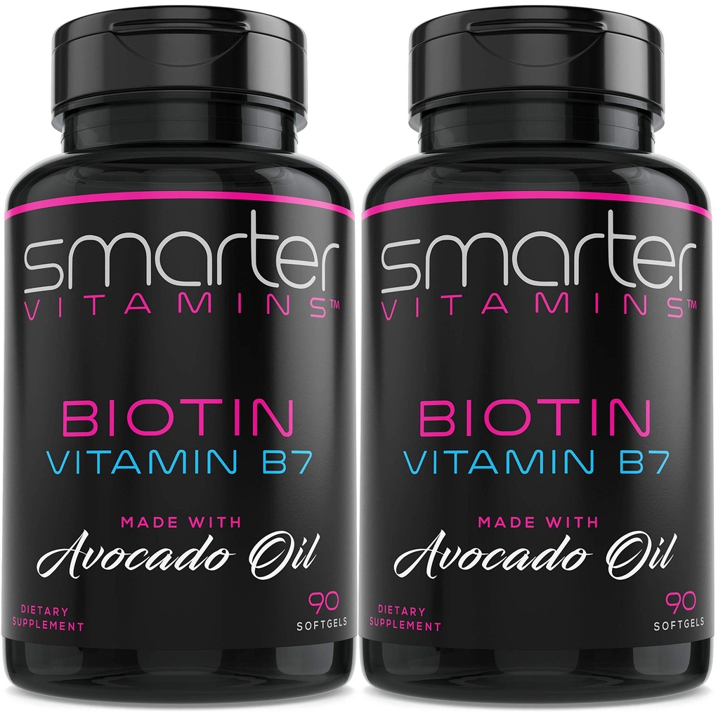 (2 Pack) Smarter Biotin 5000mcg di Avocado Oil, Vitamin B7, Non-GMO, 90 Mini Liquid Softgels, No Soy