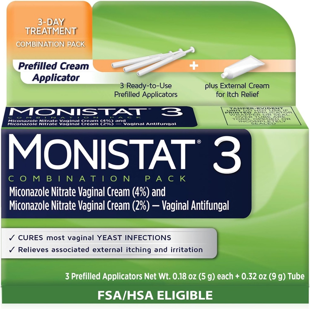 Monista 3 Day Yeast Infeksi Treatment for Women, 3 Miconazole Pre- Filled Cream Applicators & Eksternal Monisstat Anti- Itch Cream Bundle