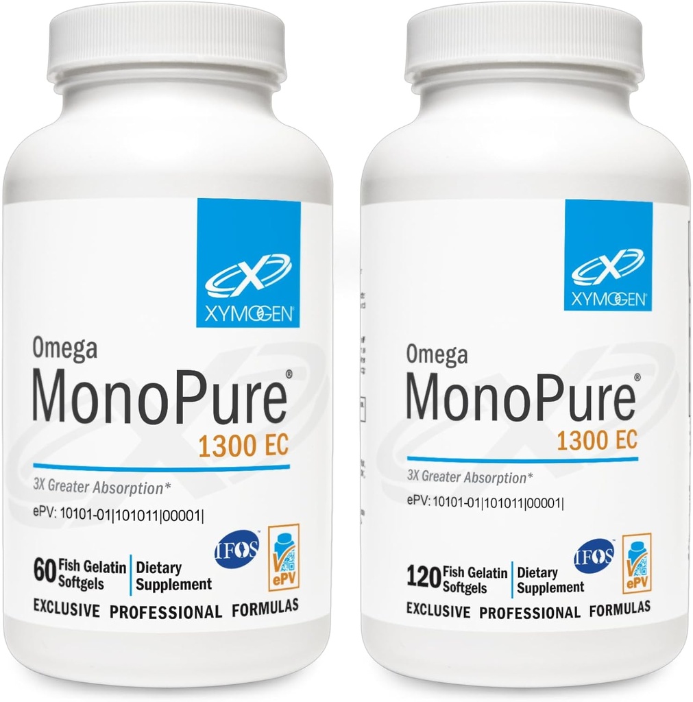XYMOGEN Omega MonoPure 1300EC Bundle - 60 Softgeels + 120 Softgels - Fish Oil dengan 3X Greater Absorpsi - DHA EPA Omega 3 Suplemen untuk Dukungan Kesehatan Hati + Kognitive
