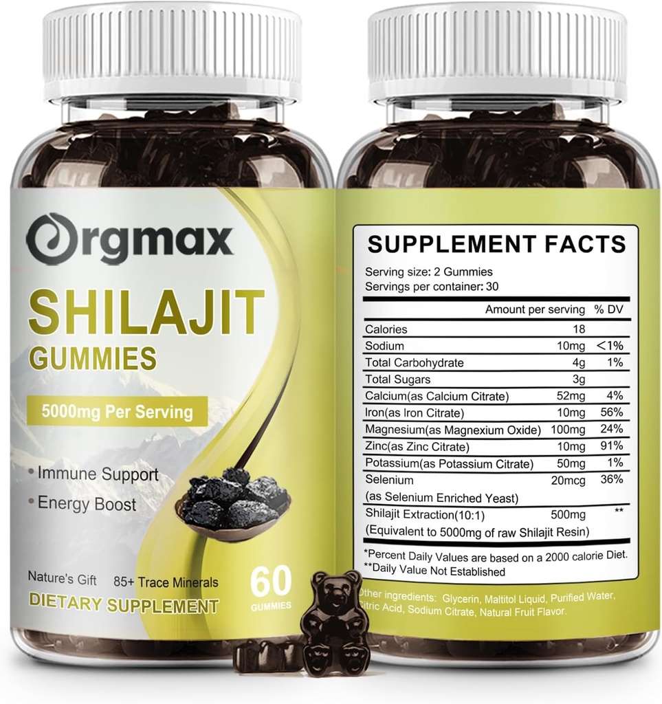 Shilajit Pure Himalaya Organic Shilajit Gummies, 5000MG Tambahan Shilajit untuk Pria & Perempuan dengan 85 + Trace Mineces & Fulvic Acid, Dukungan untuk Fokus, Energi & Imune, Non-GMO 124; 60 Cacah, 2 Paket