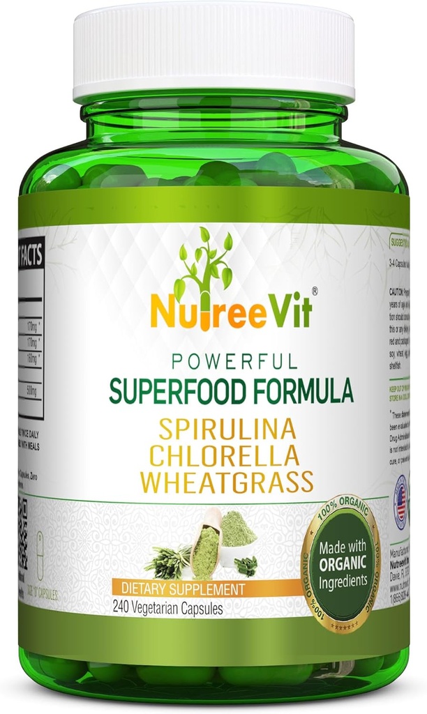 NutreeVit Pure 100% Organik Spirulina + Chlorella + Wheatgrass - Super Food - Veggie Capsules = 124; 500mg