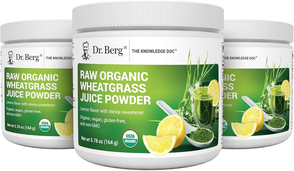 Dr. Berg 's Raw Wheatgrass Juice Powder (60 Sertifikasi) - USDA Certified Organic Wheatgrass Powder w / Chlorophill, Telusuri Mineces & Natural Enzymes - Ultra- comcendered - Lemon Flavor w / Stepia 3 Pack