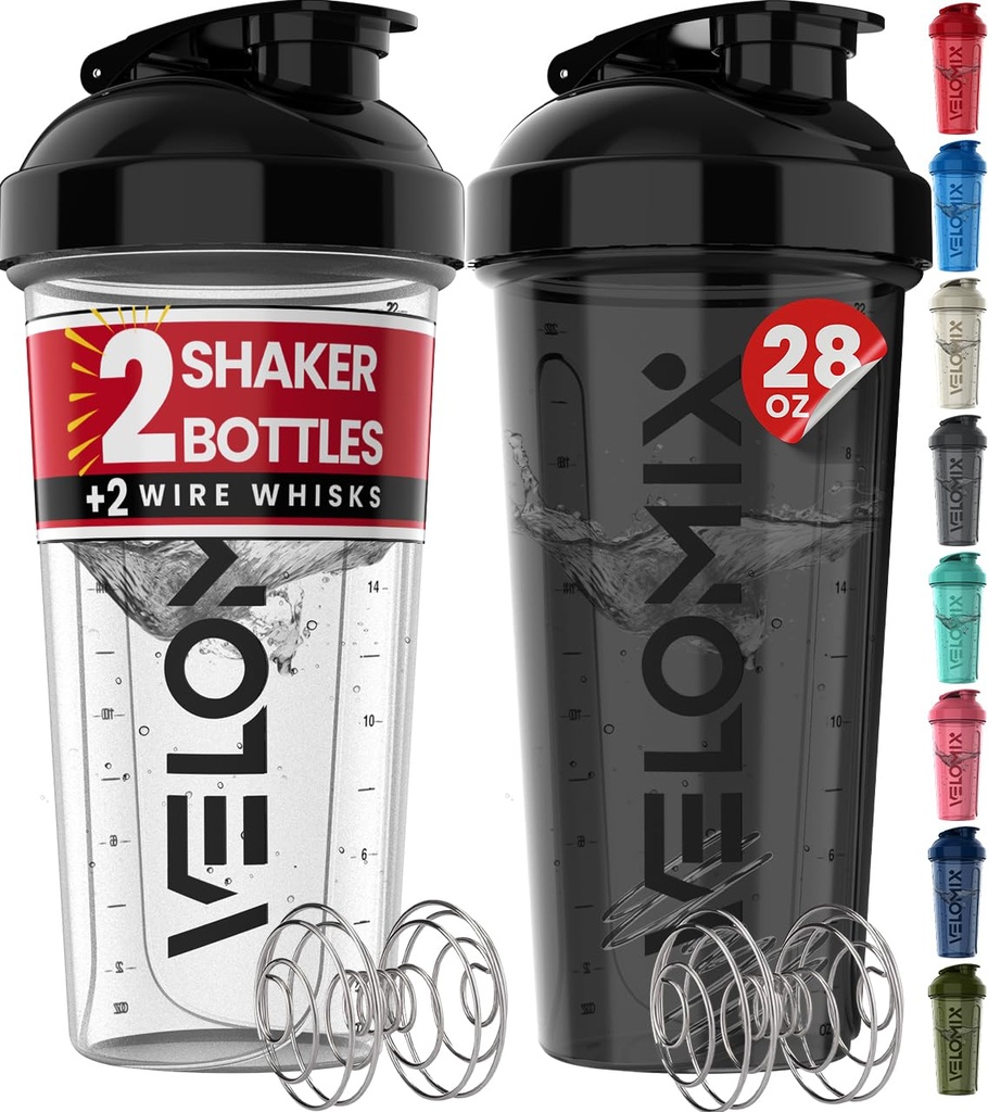 VELOMIX -2 Packa- 28 oz Protein Shaker Botol untuk Protein Mixes - 2x Wire Whilk 124; Leak Providence Shaker Cups for Protein Shakes 124; Protein Shaker Botol Kemasan (Black / Transparan)