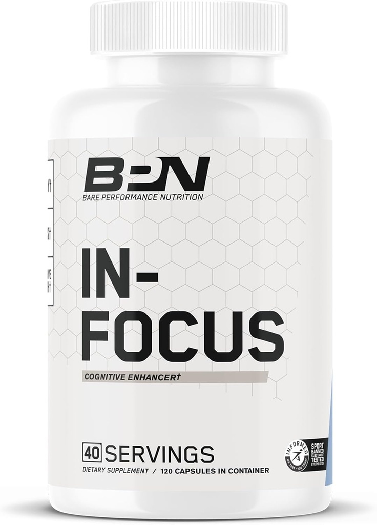 BAE PERFORMUCE NUTRITITION BPN in-Focus Supplement Brain for Memory & Focus Caffeine Pills, 1g of L Tyrosine per Serving + Alpha GPC, 40 Servis, Gluten Free + Vegan