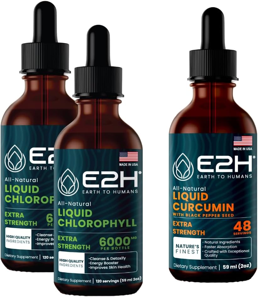E2H: Chlorofil Liquid Drops (2 Pack - 4 Fl Oz) dan Liquid Turmeric Curcumin (Single Bottle - 2 Fl Oz) Hoble 124; Vegan, Non-GMO - (6 Fl Oz Total) - Bundle