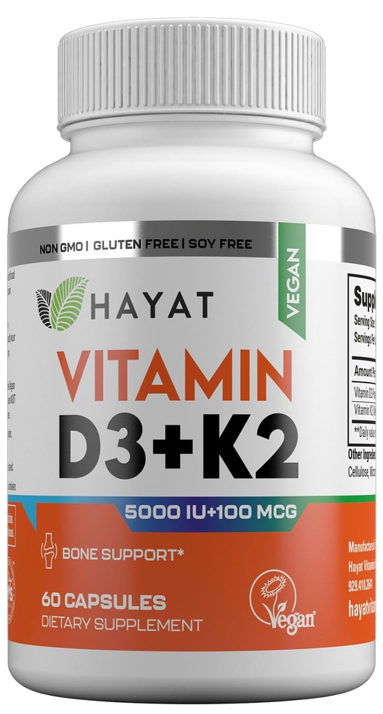 HAYAT Vitamin Vegan D3 + K2 (5000 IU + 100 MCG), Suplemen Dietary untuk Bone, Teeth, Muscle and Immune Health Support, 2 Bulan Bersertifikat Halal, 60 Kapsul, Dibuat di Amerika Serikat