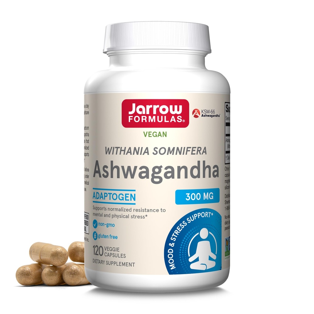Jarrow Formulas ® Ashwagandha Kapsul, 300 mg Suplemen Penahan Normalized untuk Mental dan Fisik Stress, 120 Veggie Capsules, Supply 60 Hari