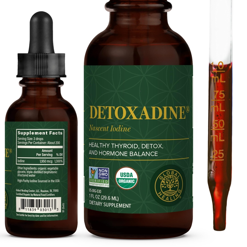 Global Healing Center - Detoxadine - Organic Nascent Liquid Lidment Drops for Thyroid Dups, Detox Cleanse, and Metabolisme - Non-GMO, Vegan, 200 Servings Iodium Drops (1 Oz)