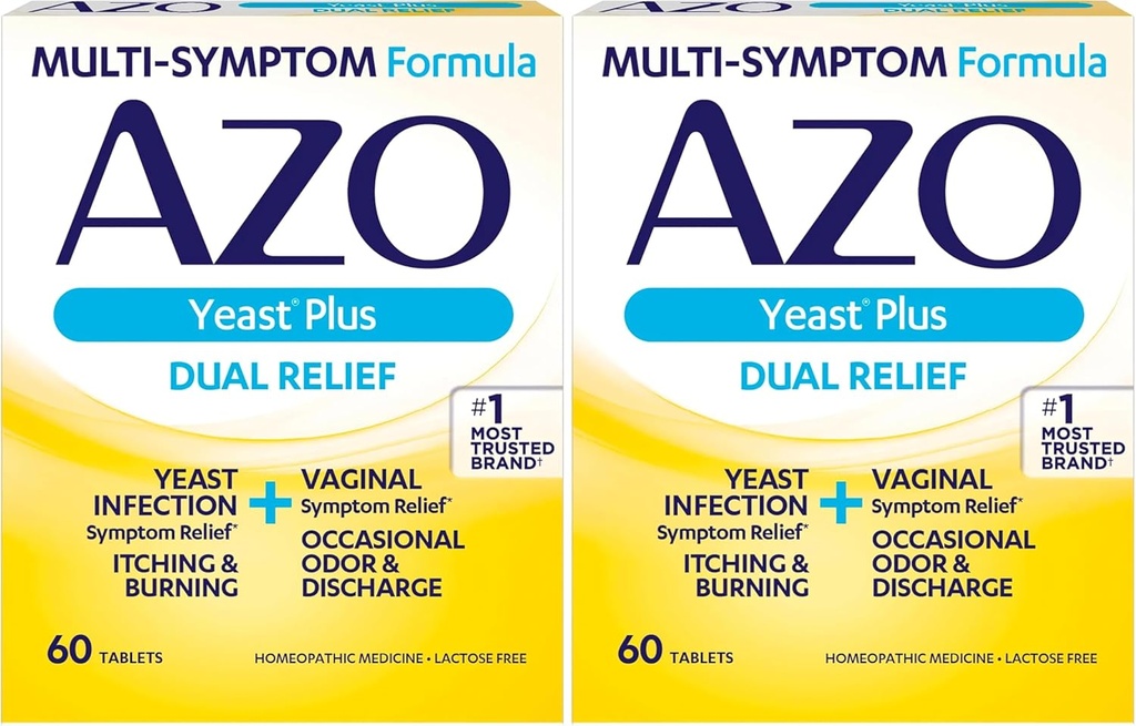 AZO Yeast Plus Dual Relief Tablet, Infeksi Yast dan Relief Vaginal Symptom, Relieves Itching & Burning, 60 Count (Paket 2)