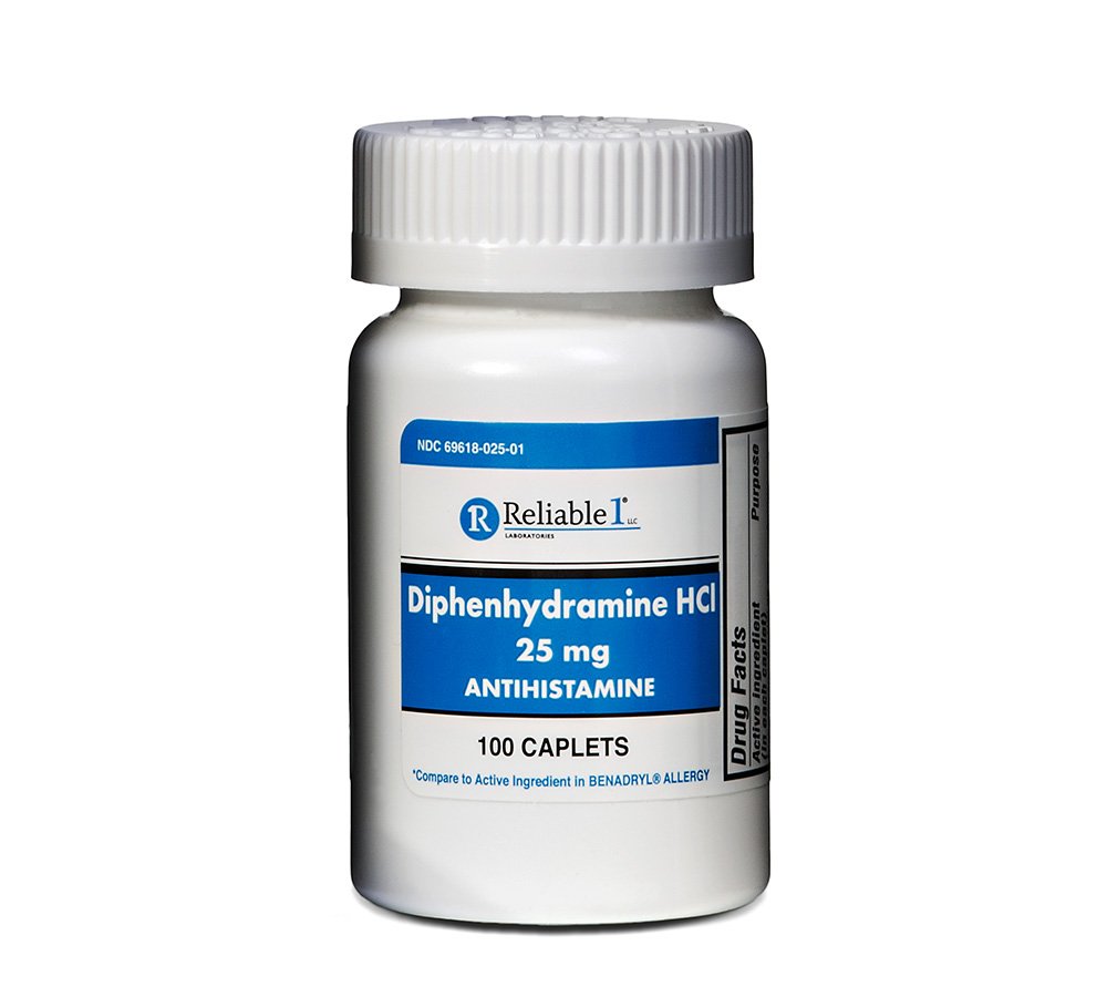 Dapat diandalkan 1 Diphenhydramine HCI 25mg Antihistamin 100 Caplets (1 Botol)