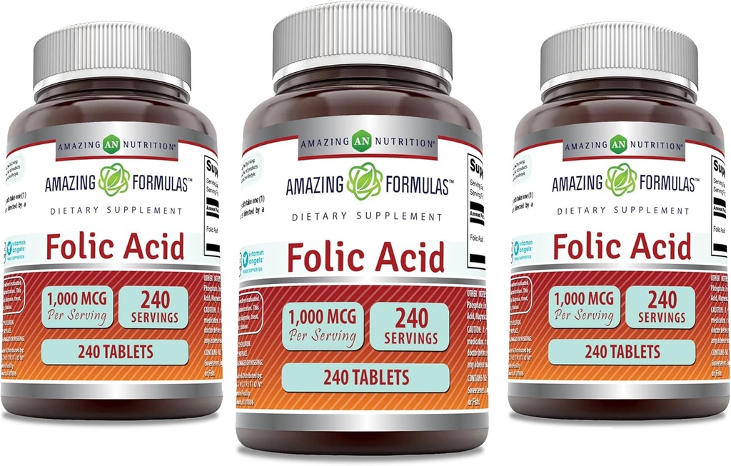 Amazing Formula Folic Acid 1000 mcg (1 mg) Tablet Supplemen 124; Vitamin B9 14; Non-GMO 124; Gluten Free 124; Made in USA (240 Count 124; 3 Pack)