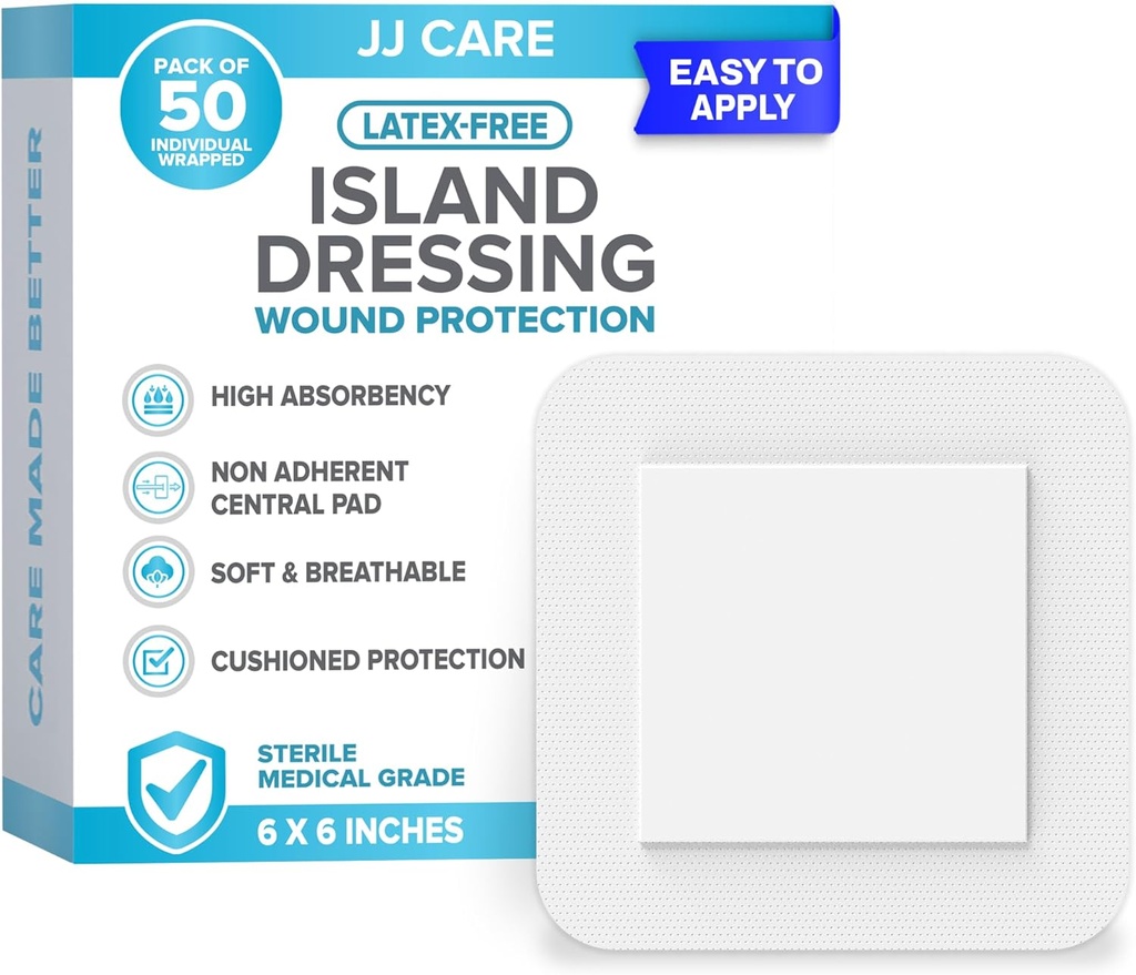 JJ CARE Adhesive Island Dressing [Pack of 50], 6x6 Sterile Brearled Gauze Dressing, Breathable Island Dressing Individually Wrapped with Most Absorbent N- Stick Center Pad