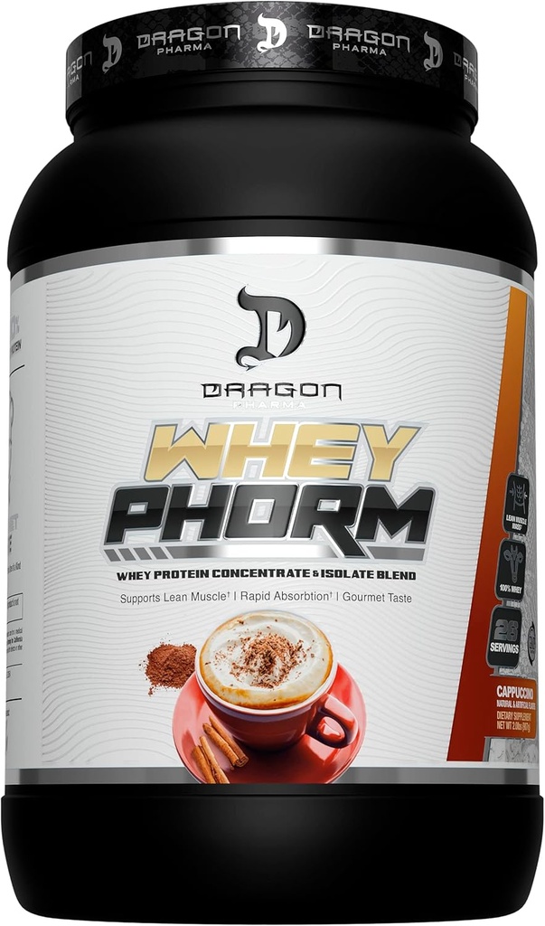 DRAGON PHARMA WHey Protein Blend, Pengaruh Cepat, Gluten Free, 100% Whey Protein, WheyPhorm, Maksimalkan Recovery, Great Tasting, 25 Grams Protein (26 Servings, Cappuccino)