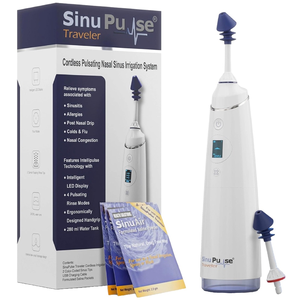 SinuPulse Traveler dengan 30 Paket Sinuair - Cordless Pulsating Nasal Irrigation Sinus Rinse System, Space Saving Cleaner & Relief Machine for Travel, Lebih efektif dari Neti Pot atau Nose Spray Bottle