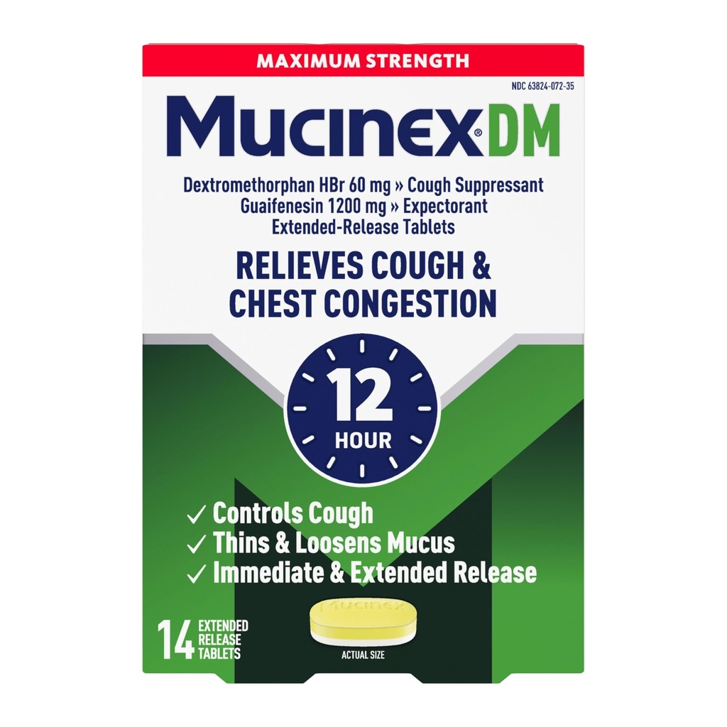 Cough Suppresant dan Expectorant, Mucinex DM Maximum Kekuatan 12 Jam Tablet, 14ct, 1200 mg Guaimfenesin, Relieves Chest Contrable, Quiets Wet and Dry Cough, 1 Doctor Rekomendaded OTC Expectorant