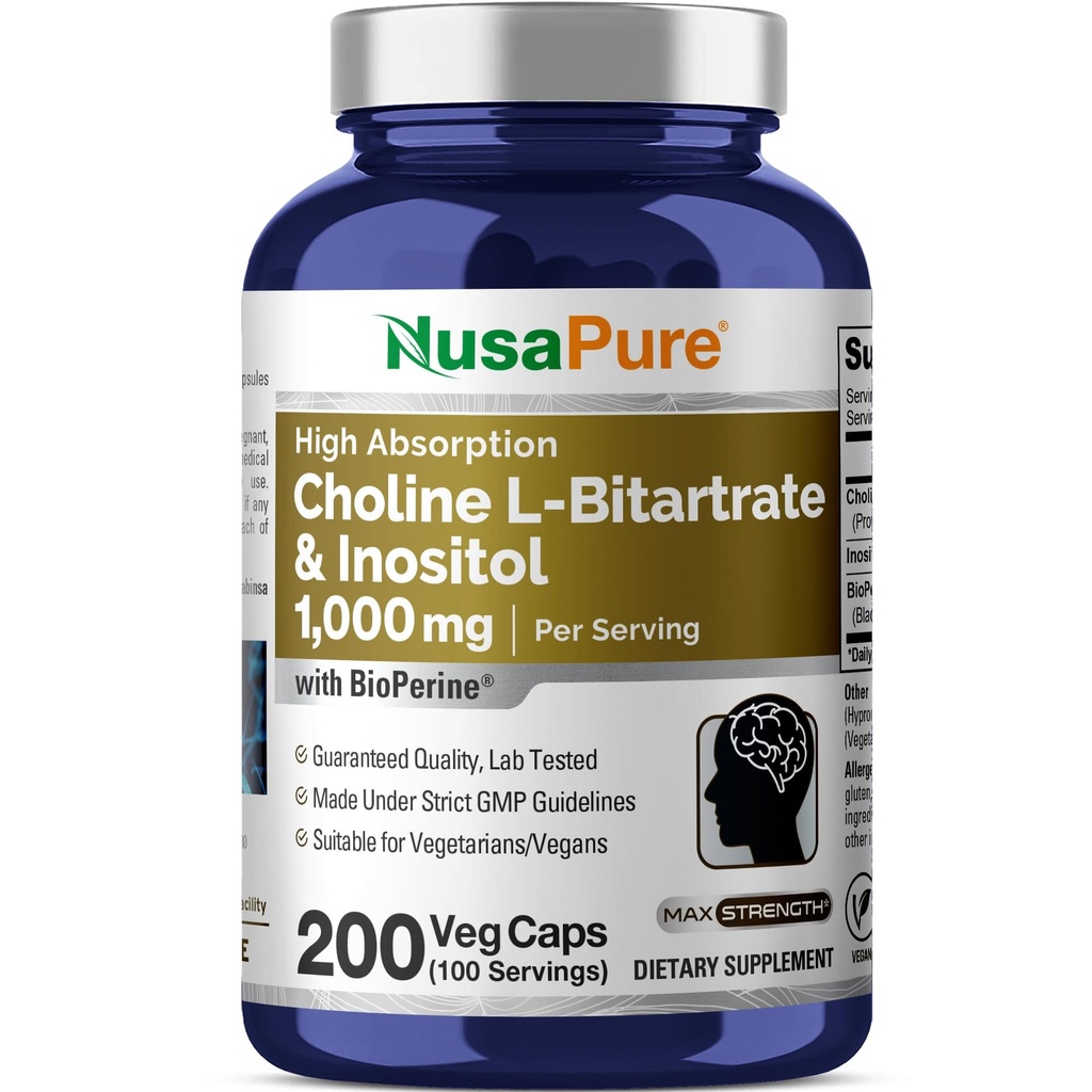 NusaPure Chooline & Inositol 10000mg - 200 Veggie Caps (100% Vegetarian, Non-GMO) Bioperin