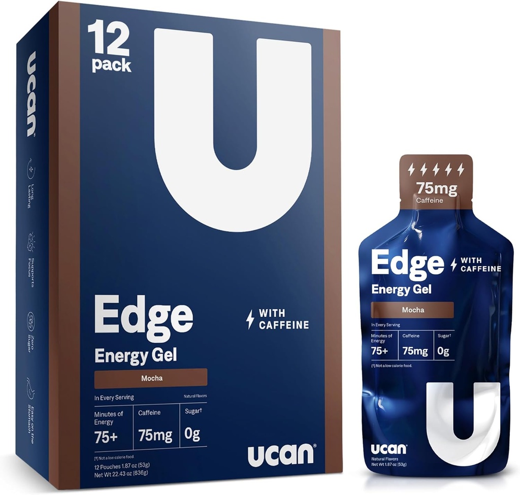 UCAN Edge Energy Gel Shots, Mocha + Caffeine (12, 2 Ounce Packets) for Running, Training, Workout, Fitness, Cycling, Crossfit 124; Sugar- Free, Vegan, & Keto Friendly Energy