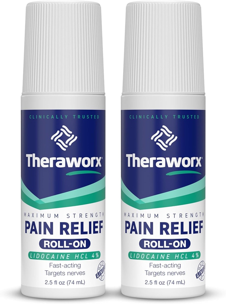 Theraworx Maximum Kekuatan Relief Rolls-On dengan Lidocaine, Fast- Acting - 2.5 Oz - 2 Count