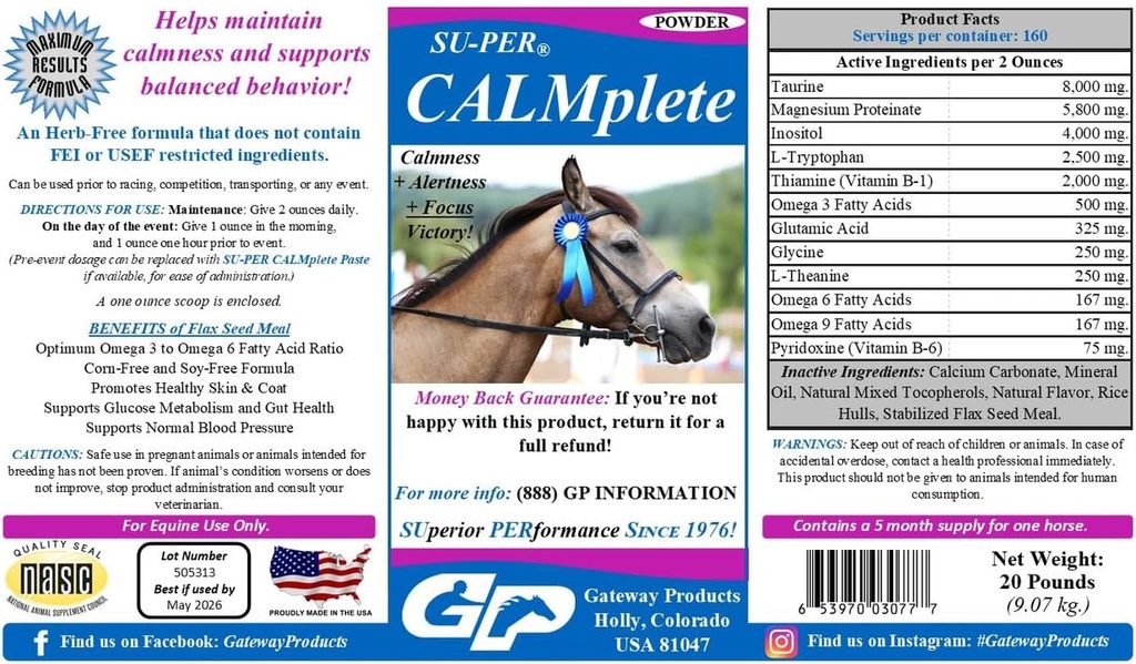 SU-PER CALMplete Calming Horse Supplement - Mempertahankan kesabaran dan Kebajikan - Thiamine, Triptophan & Magnesium - 20 Pounds, 5 Bulan Supply (150 Hari)