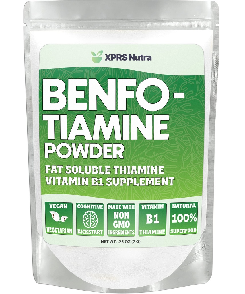 XPRS Nutra Benfotiamine Powder (Thiamine Soluble Happy Heart Thiamine Suplemen - Advanced Vitamin B1 Benfotiamine for a Cognitive Boost - Vegan Frid Benfotamine Powder (.25 Ounce)