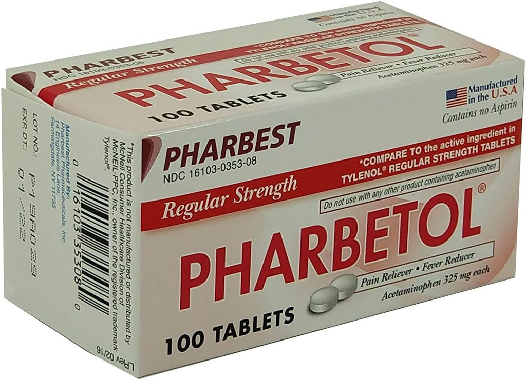 Pharbetol Acetaminopenhen 325mg Reguler Kekuatan, Reliever Pain, tablet Reducer Fever, 100 Count (Paket 1)