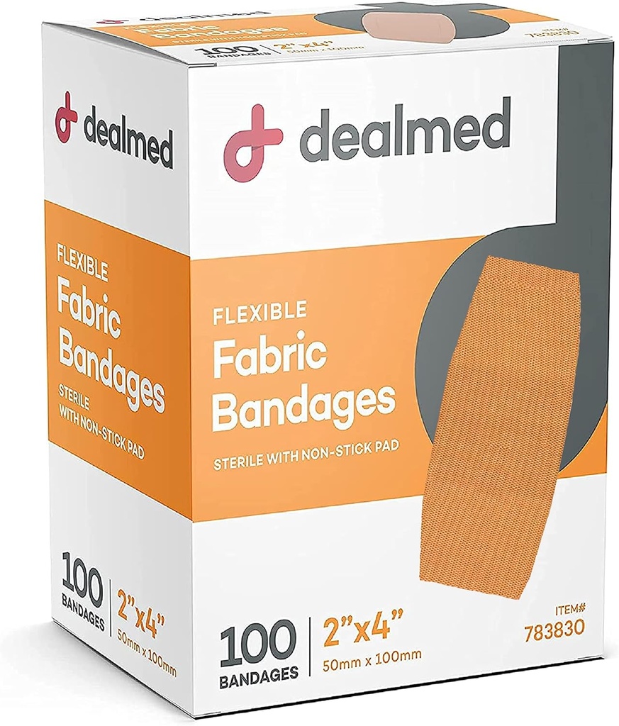 Dealmed Fabric Flexible Adhesive Bandages dengan Non-Stick Pad, Latex Free, Wound Care for First Aid Kit, 2 "x 4" (Kotak 100)