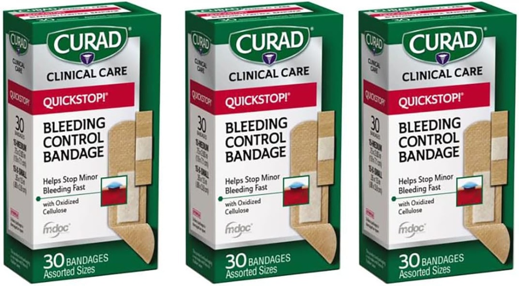 Curad Quickstop Flex-Fabric Bandages, Quickstop Bleeding Control Technology, Asported Sizes, 30 Cacah (Paket 3)