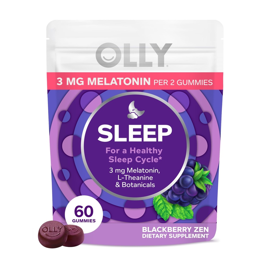 OLLY Sleep Gummy, 3 mg Melonatin, L-Theanine, Chamomile, dan Lemon Balm Extracts, Blackberry Flavor, 30 Day Supply - 60 Count