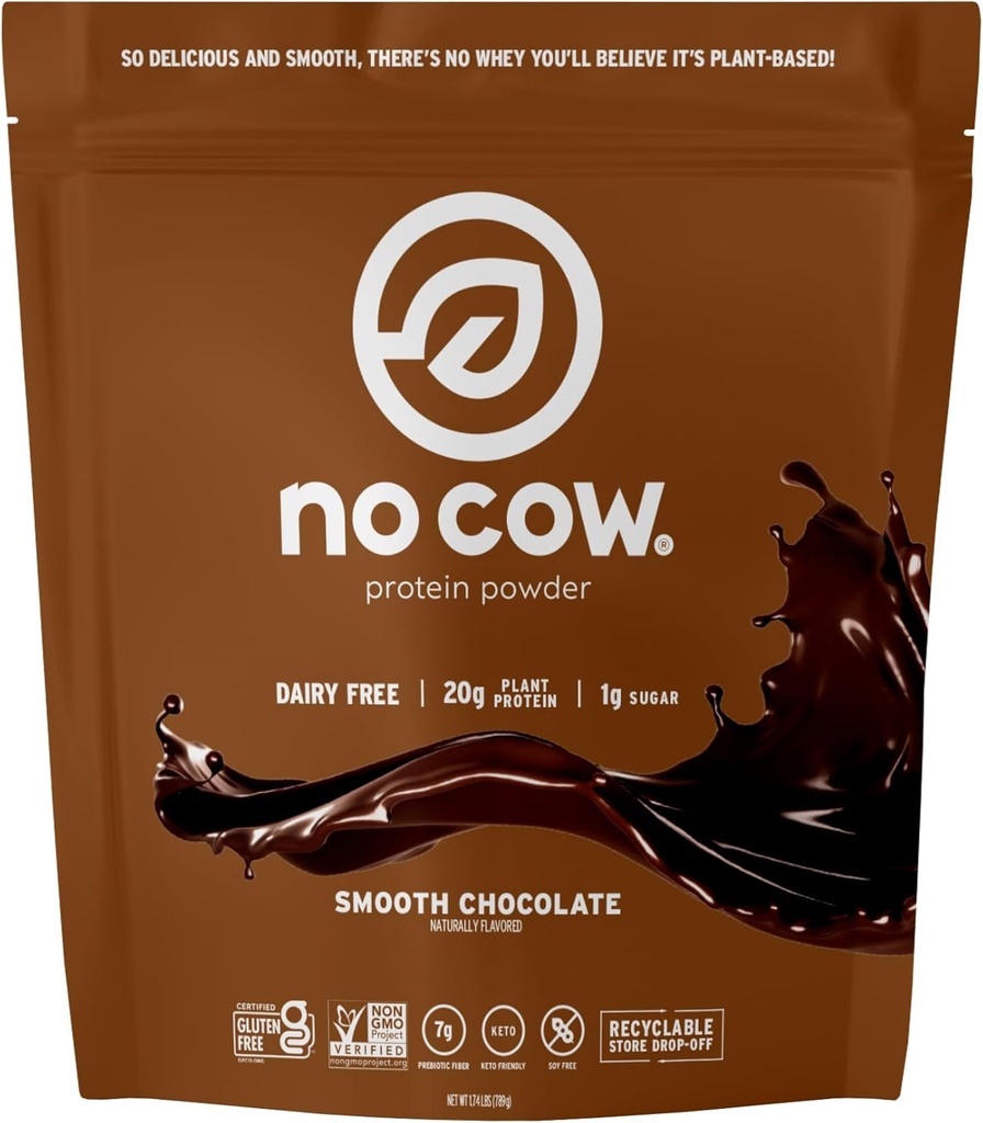 Cow Vegan Protein Powder, Chocolate, 20g Plant Based Protein, Recyclable Bag, Dairy Free, Soy Free, No Sugar Added, Keto Frid, Gluten Free, Alamly Sweetened, Non GMO, Kosher, 1.74 Pound