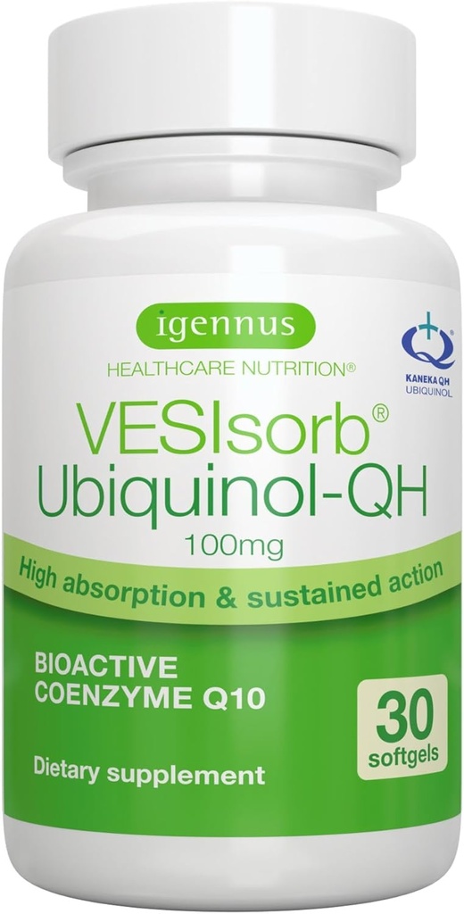 Igennus Advanced VESIsOrb Ubiquinol 100mg 30 Softgels, 600% Bioavability, Fast-Acting Water- Soluble Koenzim Q10 Suplemen Energi & Heart, 1 - Bulan Suppply