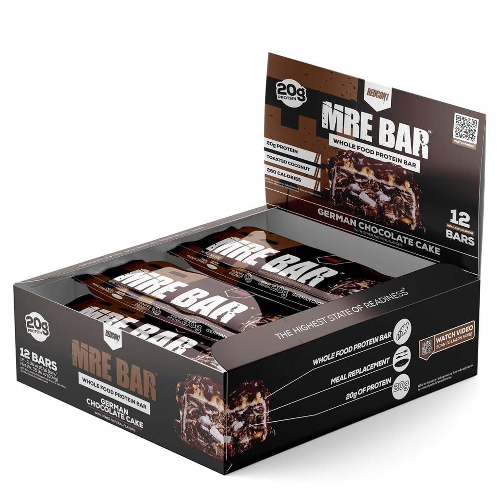 Bar Protein REDCON1 MRE, Kue Coklat Jerman - Berisi MCT Oil + 20g dari Whole Food Protein - Mudah Diperoleh, Macro Balanced Low Sugar Replacement Bar (12 Bars)